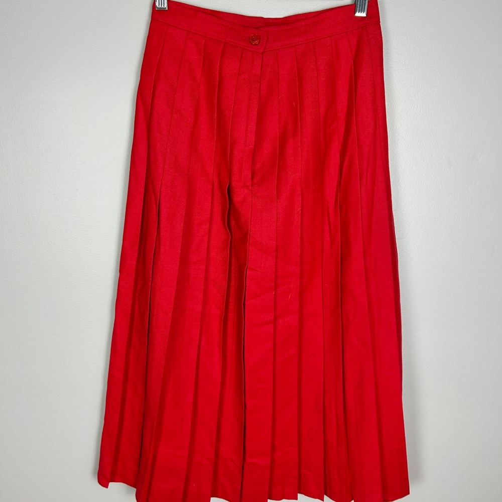 VINTAGE 100% Wool Red Pleated Midi Skirt Size 6 Bold Quality Winter‎ Layering - Picture 2 of 4